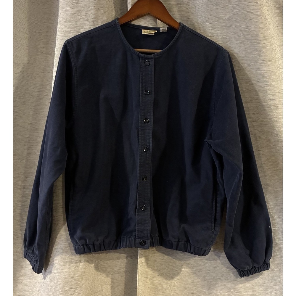 Vintage LL Bean Fleece Button Up Jacket Made In USA Elbow Patch Blue Women Large